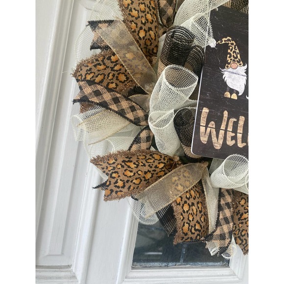 Leopard Welcome Gnome Deco Mesh Ribbon Wreath Front Door Hanger - Picture 6 of 7